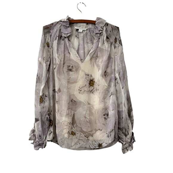Diane Von Furstenberg Gray Floral Silk Chiffon Ruffle Trim Peasant Blouse 2 - Picture 1 of 8